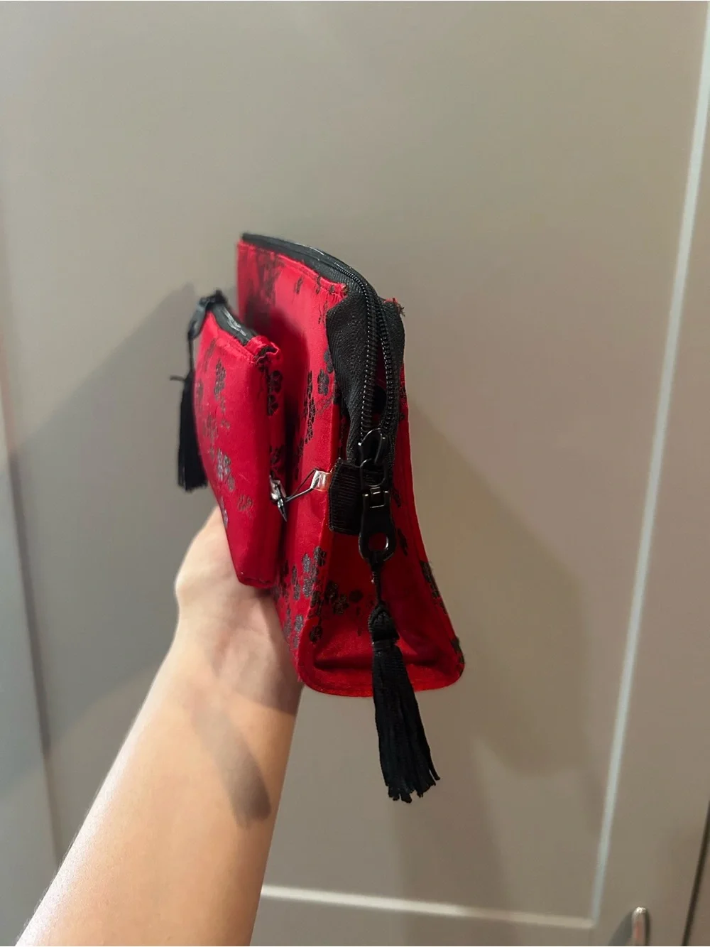 Red Floral Satin Zip Clutch Bag with Tassel